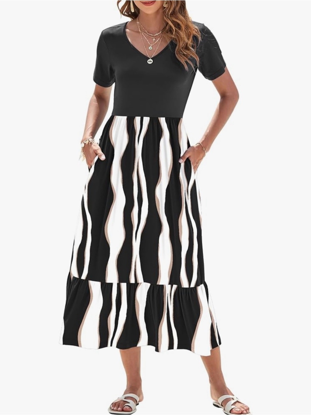 Lily Black V‑Neck Maxi Dress with Wave Print Skirt